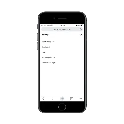 Les clients de Sephora peuvent modifier le tri des pages de catégorie par Bestseller, Top Rated, New, Price High to Low, Price Low to High