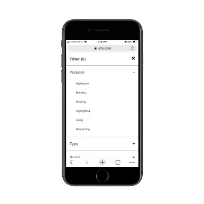 Les clients Ulta peuvent filtrer les résultats de la page de catégorie par objectif, type, marque, etc.