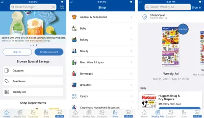 Trei capturi de ecran din aplicația Kroger reproiectată, inclusiv secțiunea de pornire, secțiunea de magazin și anunțuri săptămânale.