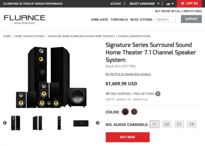 Captură de ecran a site-ului web Fluance, care arată sistemul lor de difuzoare de tip home theater cu sunet surround din seria Signature cu 7.1 canale, la prețul de 1.609,99 USD