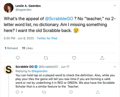 Пользователь Твиттера @lageerdes говорит Scrabble GO, что хочет вернуть старое приложение