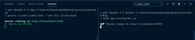 VScode CLI partiționat pentru a porni atât clientul, cât și serverul.