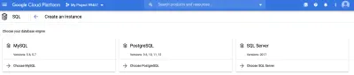 Această imagine arată cele trei motoare de baze de date oferite pentru Cloud SQL