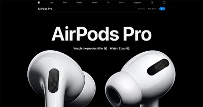 Скриншот сайта Airpods Pro без уменьшения движения с крупным планом пары Airpods.