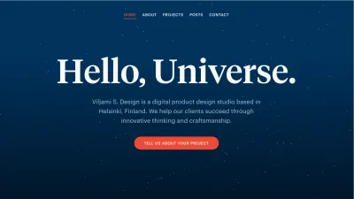 Скриншот сайта Viljamisdesign.com с надписью «Hello, Universe» крупным шрифтом и пиксельным звездным полем за ним.