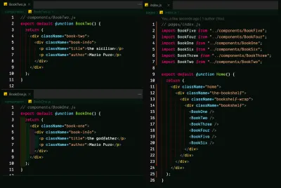 O captură de ecran a modificărilor inițiale făcute la BookTwo.js, BookOne.js și index.js