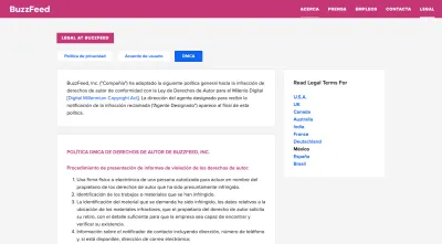 Pagina juridică BuzzFeed: Politica de confidențialitate, Acordul utilizatorului, DMCA (pentru utilizatorii din Mexic)