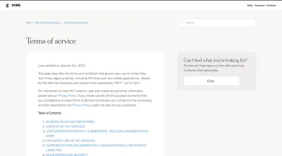 Pagina Termenilor și condițiilor New York Times are breadcrumbs, o bară de căutare și un cuprins pentru o navigare mai bună