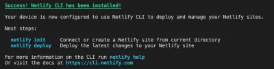 Captură de ecran care arată rezultatele unei instalări cu succes a Netlify CLI