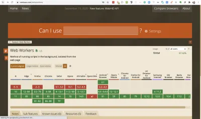 Affichage du tableau de prise en charge des navigateurs pour les travailleurs Web