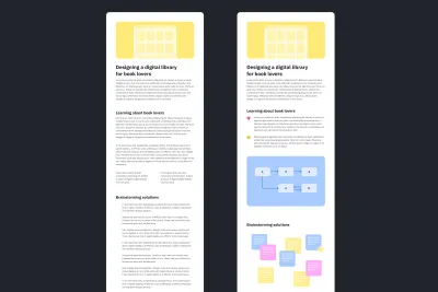 Dua wireframes yang sama dari studi kasus portofolio desain mengharapkan garis besar teks tubuh diganti dengan Lorem ipsum