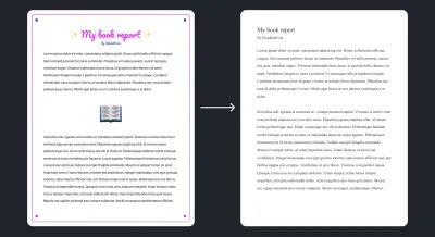 Laporan buku yang terlalu dihias dengan huruf-huruf bernaskah dan batas warna-warni yang kontras dengan laporan buku yang menggunakan Times New Roman dan teks hitam