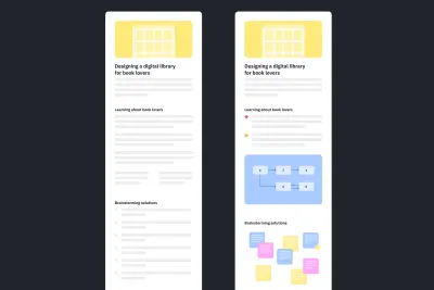 Dua gambar rangka studi kasus portofolio desain. Yang di sebelah kiri tidak memiliki visual dan yang di sebelah kanan memiliki visual