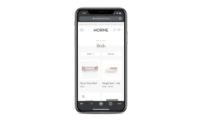 Horne include o bară de căutare, filtre și opțiuni de sortare pe site-ul mobil pentru o navigare ușoară în inventar