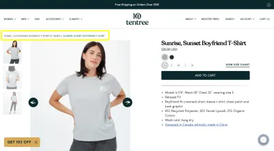 Pagina de produse de comerț electronic Tentree cu pesmet care indică înapoi la categoria „T-shirts & Tanks pentru femei durabile”