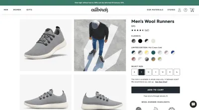 Designul paginii de produse Allbirds cu o bară lipicioasă care explică returnările de cadouri și un widget de chat lipicios destinat autoservirii