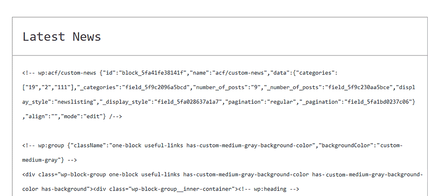 Vue de l'éditeur de code de l'éditeur de blocs WordPress