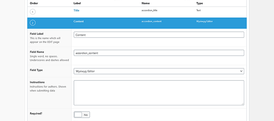 Schermata Editor campi personalizzati avanzati