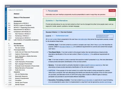 Captură de ecran a documentației ghidurilor de accesibilitate a conținutului web 2.1 cu secțiunile principale evidențiate, inclusiv principiul, ghidul și criteriul de succes
