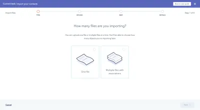 Importatorul de date HubSpot întreabă „Câte fișiere importați?”: un fișier sau mai multe fișiere cu asocieri