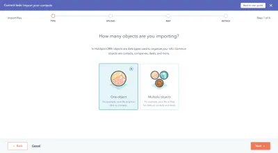 Importatorul de date HubSpot întreabă utilizatorii „Câte obiecte importați?”: un obiect sau mai multe obiecte