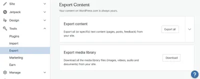 Ecranul de export conținut WordPress