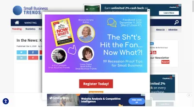 Wyskakujące okienko w witrynie Small Business Trends „The Sh#t’s Hit the Fan… Now What?!” Promocja na seminarium internetowe