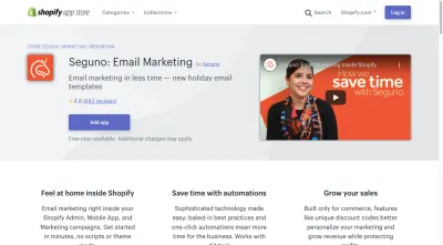 Halaman aplikasi Shopify untuk Seguno: Pemasaran Email menyertakan video yang menarik untuk mempromosikannya