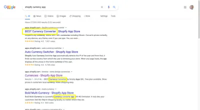 Pencarian Google untuk "aplikasi mata uang shopify" dengan kecocokan yang mengandung kata-kata "konverter mata uang"