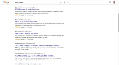 Pencarian untuk "aplikasi seo shopify" di Google menunjukkan hasil seperti Manajer SEO, SEO Cerdas, dan Plug in SEO