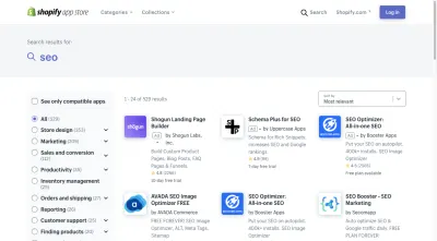 Pencarian "SEO" di Shopify App Store memiliki 529 hasil, menampilkan aplikasi seperti AVADA SEO Image Optimizer, SEO Optimizer, dan SEO Booster