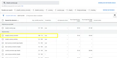 Cari "aplikasi mata uang shopify" di Perencana Kata Kunci Google, dengan "pengonversi mata uang shopify" disorot