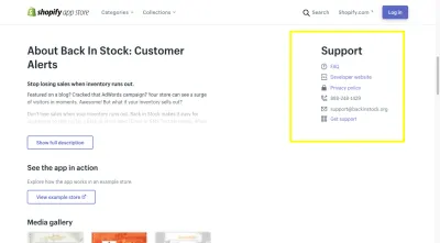 Aplikasi Oberlo Shopify memberikan dukungan dalam bentuk FAQ, situs web pengembang, kebijakan privasi, dan tautan dukungan langsung