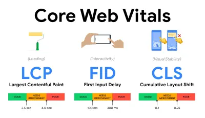 Noul Core Web Vitals într-o prezentare generală, LCP < 2,5 s, FID < 100 ms, CLS < 0,1