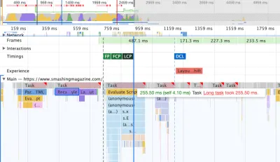 O captură de ecran a panoului de performanță din DevTools care arată fragmente JavaScript care erau încă suficient de grele pentru a bloca firul principal