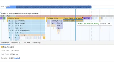 Performance stats for the smashing magazine front page showing the function call for nav.js that happened right after a monolithic app.js bundle had been executed