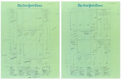 Planul de schiță în creion al unei pagini de pe prima pagină a New York Times