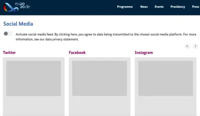 Captură de ecran a eu2020.de care arată conținutul feedului social blocat până când urmărirea terță parte este activată