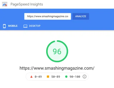 O captură de ecran a unui rezultat PageSpeed ​​Insights care arată un scor verde pe mobil (pentru pagina de pornire și pentru paginile articolelor)