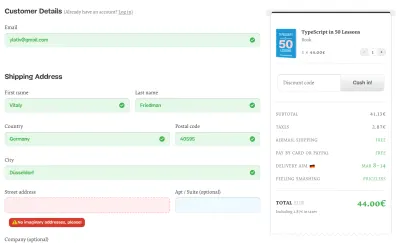 O captură de ecran cu detaliile clienților și formularul de completare a adresei de cumpărături create fără etichete plutitoare