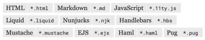 Uma captura de tela da documentação do 11ty.dev listando as linguagens de modelagem disponíveis, incluindo HTML, Markdown, JavaScript, Liquid, Nunjucks Handlebars, Mustache, EJS, Haml e Pug.