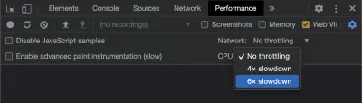Ein Screenshot, der zeigt, wie die CPU-Drosselung in Chrome DevTools aktiviert wird