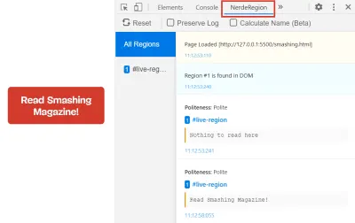 Demo a NerdeRegion, o regiune live care spune „Nimic de citit aici” a fost schimbată în „Citește Smashing Magazine!” Modificările textului sunt urmărite în panoul NerdeRegion din Instrumentele de dezvoltare.