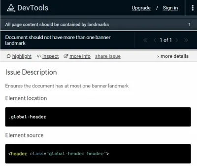 Axe DevTools care arată detalii despre „Documentul nu trebuie să aibă mai mult de o eroare de reper de banner” cu fragmente de cod.