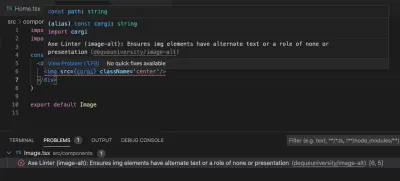 Extensia Axe Linter VS Code afișează un avertisment pentru un element img fără text alternativ.