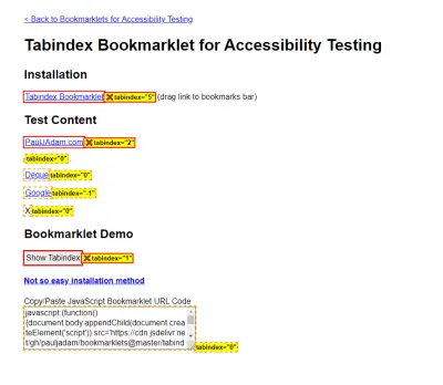 O pagină demonstrativă pentru Tabindex Bookmarklet. Fiecare element cu tabindex este identificat, iar linkurile cu tabindex pozitive sunt marcate cu un X roșu.