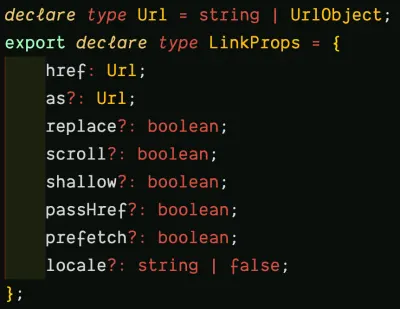 O captură de ecran a tipului LinkProps inspectat în VSCode