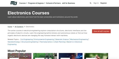 Página de categoría para cursos de electrónica en edX