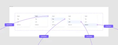 Un diagrama que muestra un grupo de cinco variantes de un menú desplegable con cuatro opciones: derecha, arriba, izquierda, abajo. Cada opción está conectada a una mesa de trabajo externa mediante el activador OnClick.