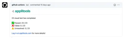 Commentaire dans GitHub Pull Request montrant les vérifications visuelles des tests